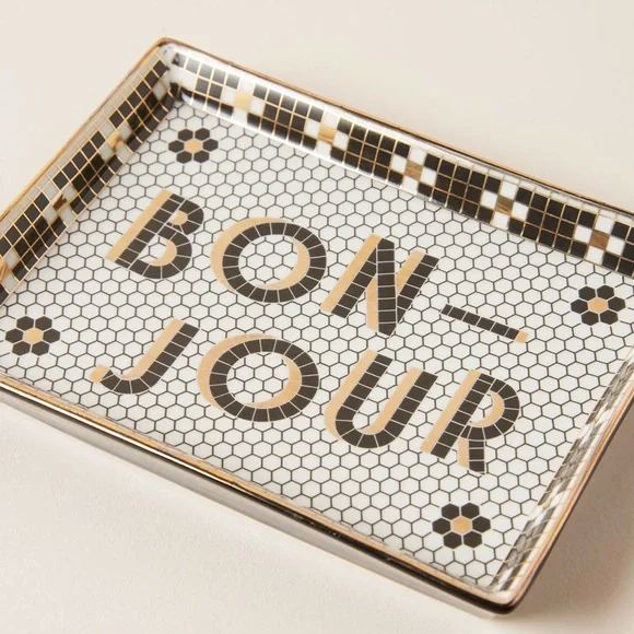 NWT Anthropologie Bistro Tile Bonjour Decorative Stoneware Tray - Black & Gold - Picture 1 of 3
